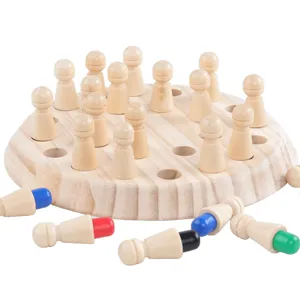 Wooden memory chess game for kids, interactive educational puzzle tabletop toy with colored pegs.