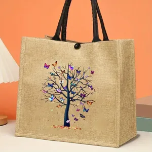 Durable jute tote bag with butterfly tree print, perfect for travel, picnic and daily.
