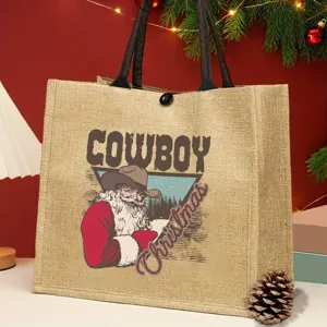 Detailed view of the Christmas cowboy Santa burlap tote bag, perfect for daily use.
