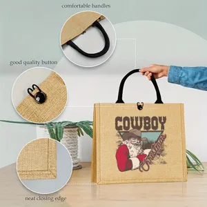 Detail view of jute tote bag featuring comfortable handles, secure button and neat stitching edges.