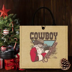 Christmas cowboy jute tote bag for daily shopping, picnic and travel use, festive look.