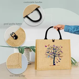 Detail view highlighting comfortable handles, quality button, and neat closing edge of jute bag.