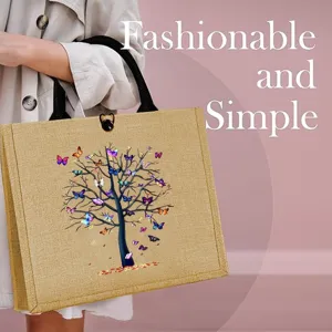 Fashion Jute Handbag Vintage Butterfly Tree Print Tote Bag Durable Burlap Shopping Bag For Women Outdoor Travel Picnic Eco Grocery Bag
