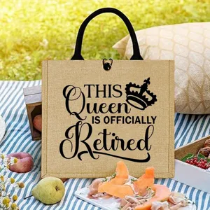Burlap jute tote bag with comfortable handles and stylish retirement quote print for picnic travel.