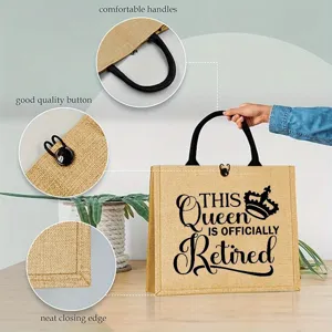 Reusable burlap jute tote shopping bag with comfortable handles and retirement print.
