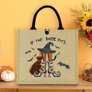 Halloween witch style jute tote bag, large capacity durable handbag for daily commute or picnic.