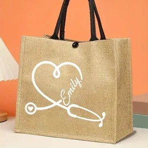 Personalized nurse jute tote bag with stethoscope design and custom name for medical students.