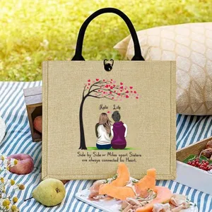 Personalized jute tote bag for sisters custom name gift reusable shopping handbag.