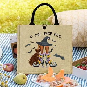 Durable jute tote bag with Halloween witch graphic, large capacity picnic handbag.
