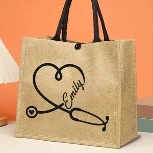 Personalized nurse burlap tote bag with stethoscope heart design and custom name for medical students