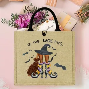 Durable Jute Tote Bag Halloween Witch Theme Large Capacity Reusable Grocery Shopping Bag Picnic