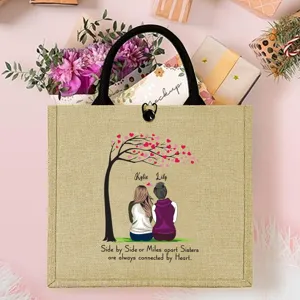 Personalized jute tote bag for sisters with custom names and heartfelt sister quote detail view.