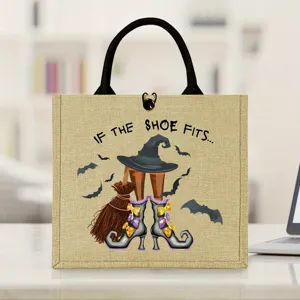 Halloween witch style burlap tote bag, durable jute handbag for daily commute and picnic.