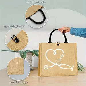 Custom nurse burlap tote bag with stethoscope and name design, perfect gift for medical students.