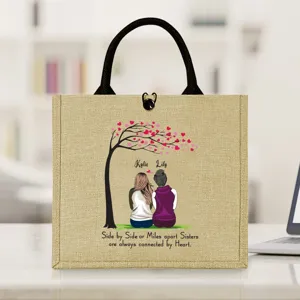 Personalized sister burlap tote bag custom name canvas jute handbag for women daily shopping bag