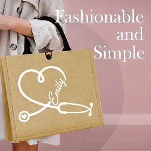 Custom nurse jute tote bag with personalized name stethoscope design for medical student gifts.