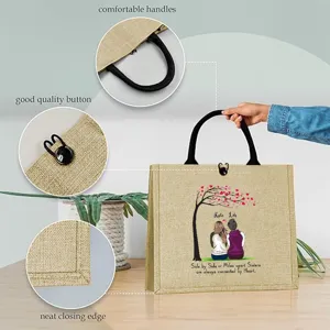 Personalized jute tote bag for sisters with custom names and heartfelt message print.