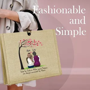 Personalized jute tote bag for sisters with custom names and heart tree design for daily use.