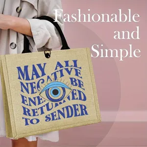 Mystic Evil Eye Jute Tote Bag Vintage Woven Graphic Printed Letter Slogan Handbag Large Capacity Top Handle Purse for Women Everyday Matching