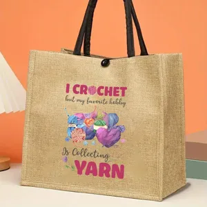 Detailed view of the durable jute tote bag showing the textured fabric and custom crochet graphic.