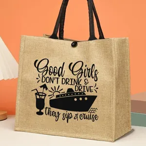 Spaziosa borsa tote in iuta con stampa di crociera divertente, elegante borsa da spiaggia.