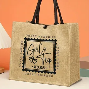 Large capacity burlap tote bag for travel, durable jute handbag with stylish girl trip design.