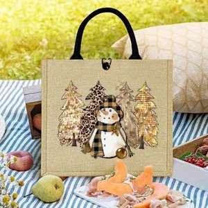 Bolsa yute con muñeco de nieve navideño, bolso de regalo divertido con asas resistentes y estampado.