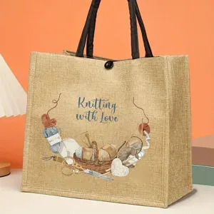 Jute shopper tas met brei print, stijlvolle duurzame handtas voor dagelijks winkelen en gebruik.
