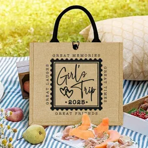 Jute tote bag with custom print design, durable large capacity casual handbag for travel.