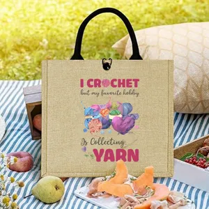 Durable jute tote bag detail, featuring crochet and yarn printing design, spacious daily use.