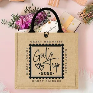 Durable jute tote bag with 2025 girl's trip graphic, large capacity for travel and daily.