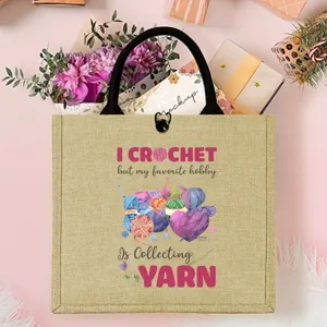 Large capacity jute tote bag durable burlap shopping bag with cute crochet hobby quote print.