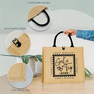 Detailed view of jute tote bag featuring comfortable handles, button, and neat edges.