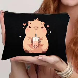 Schwarze Kosmetiktasche aus Canvas mit süßem Cartoon-Wasserschwein-Motiv und Bubble Tea.