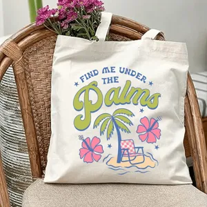 Borsa shopper in tela con stampa palme retro tropicali, ideale per spiaggia e uso quotidiano.