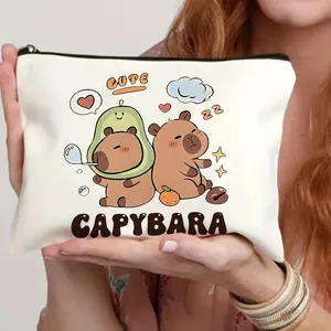 Süße Capybara Druck Canvas Kosmetiktasche Detailansicht mit großem Fassungsvermögen.