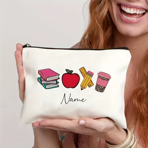 Customized name canvas makeup bag back to school pencil case cute cosmetic travel pouch.