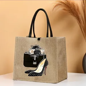 Stylish burlap tote bag with floral and red-sole high heel print, casual reusable shopping bag.