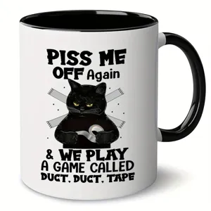 Ceramic black and white coffee mug featuring a funny grumpy cat design with humorous text.