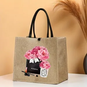 Detailed view of the stylish floral burlap tote bag featuring elegant pink peony prints.