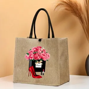 Detailed view of jute burlap tote bag with elegant peony flowers and red heels print.