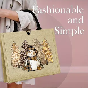 Bolso de Mano de Lino con Patrón de Muñeco de Nieve de Navidad Mujer Vintage Jute Tote Bag con Asas Gran Capacidad Regalo