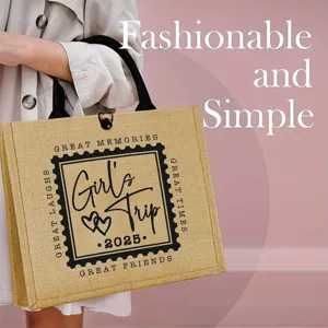 Vintage Jute Tote Bag For Women Large Capacity Durable Burlap Handbag With Stamp Slogan Print Travel Vacation Daily Shopping Shoulder Bag