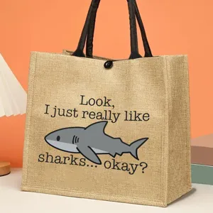 Cute shark print jute tote bag, casual burlap handbag for shopping, travel, and outdoor daily use.