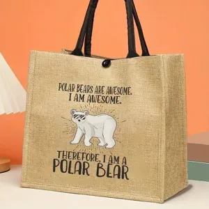 Close-up view of a natural jute tote bag featuring a funny polar bear print and black handles.