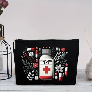 Schwarze Kosmetiktasche aus Leinen mit Reißverschluss Medizin Motiv Reise Make-up Etui