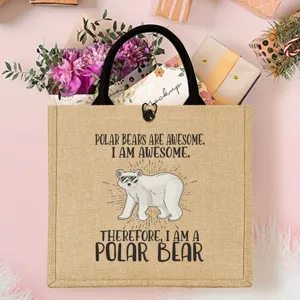 Cute polar bear print jute tote bag, funny quote reusable shopping bag for outdoor picnic.