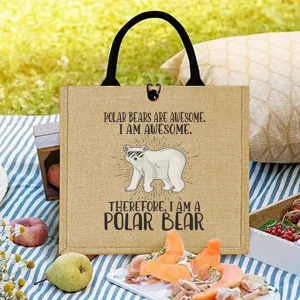 Jute tote bag featuring a funny polar bear print, ideal for outdoor picnics and shopping.