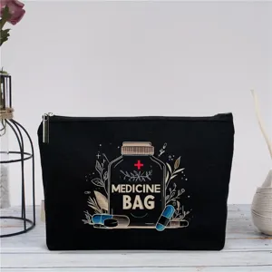 Schwarze Kosmetiktasche mit Reißverschluss und Medizinmotiv, idealer praktischer Beutel.