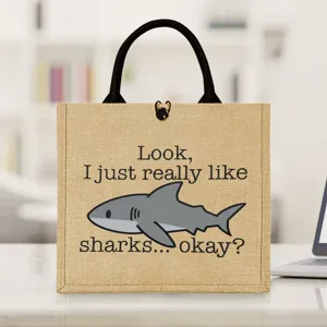 Vintage Jute Tote Bag Funny Cartoon Shark Printed Large Capacity Handbag Woven Burlap Shopping Bag For Picnic Travel